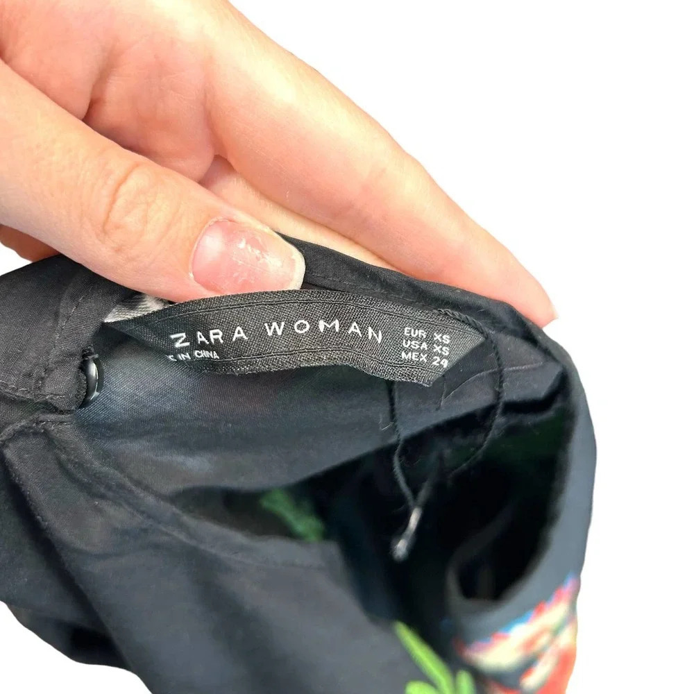 Zara Embroidered Floral Crane Bird Short Black Dress Size XS - Picture 8 of 8